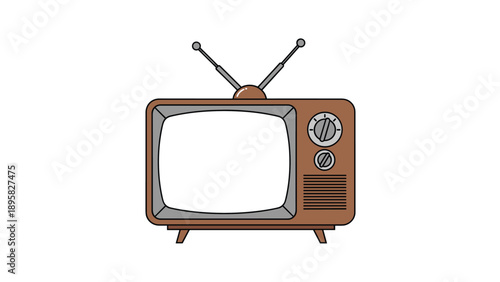 Vintage retro brown wooden television set with two rabbit ear antennae and manual control knobs on the side.