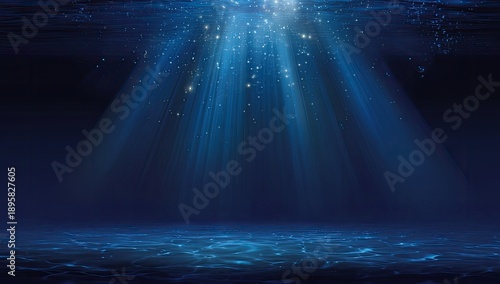 A deep blue underwater scene with light rays beaming down through the surface