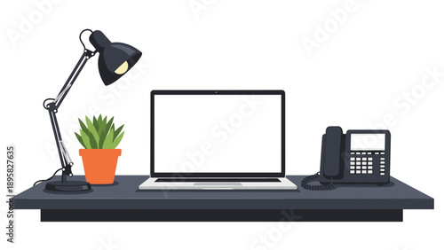 Minimalist modern office desk setup with a laptop computer a desk lamp small potted plant and a landline telephone.