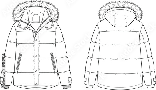 Short Puffer Jacket CAD Technical Drawing, Front and Back View, Fur-Trimmed Hood, Snap Button and Zip Closure, Flat Vector Illustration Template for Garment Design.