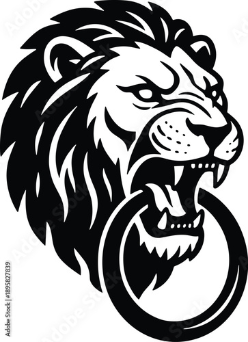 Minimal vector silhouette, antique door knocker shaped like a lion’s head, solid black, isolated on white.