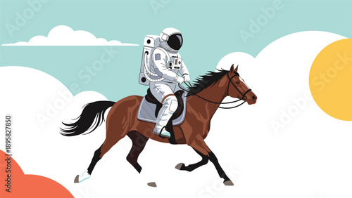 Pixel art illustration depicting astronaut in full space suit riding brown horse against cloudy sky background with sun icon and soft colors.