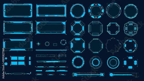 Collection of futuristic user interface elements and glowing neon frames