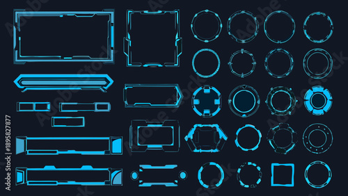 Collection of glowing blue futuristic user interface elements and shapes