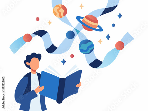 A person reading a book releasing planets and stars into the universe