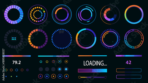 A collection of vibrant circular loading indicators and progress bars
