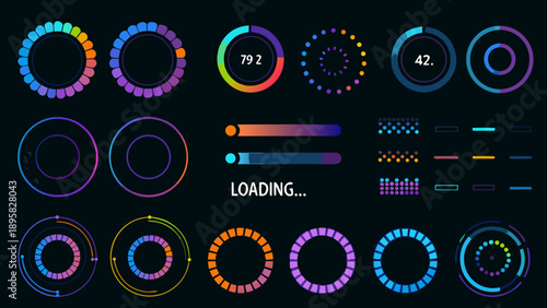 Collection of colorful loading indicators and progress bars on a dark background