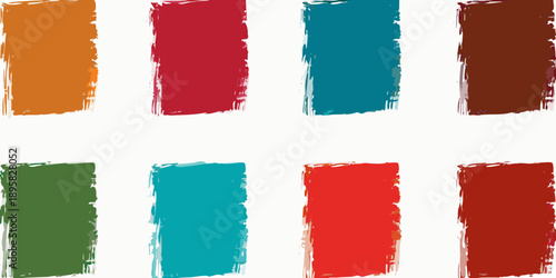 Abstract arrangement of colorful rectangular brush strokes against a white background