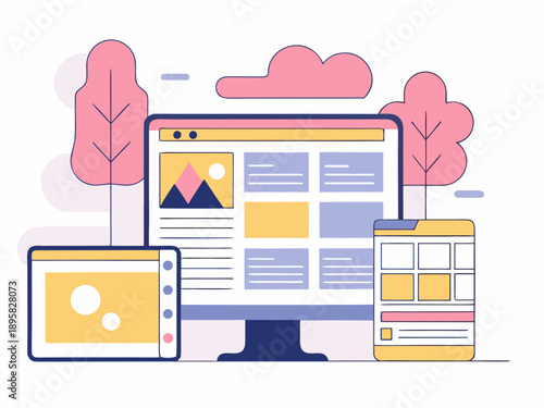 Digital devices displaying webpage layouts with minimalist graphic elements