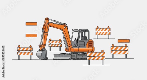 Excavator Construction Site Scene With Warning Barricades Illustration