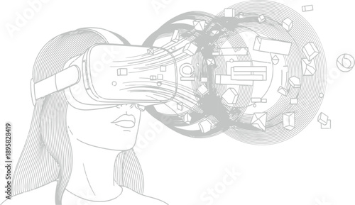 Woman experiencing virtual reality with digital icons