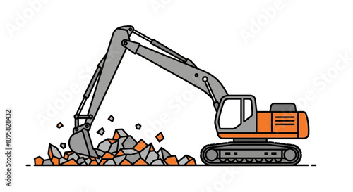 Excavator Demolishing Rocks And Debris On White Background