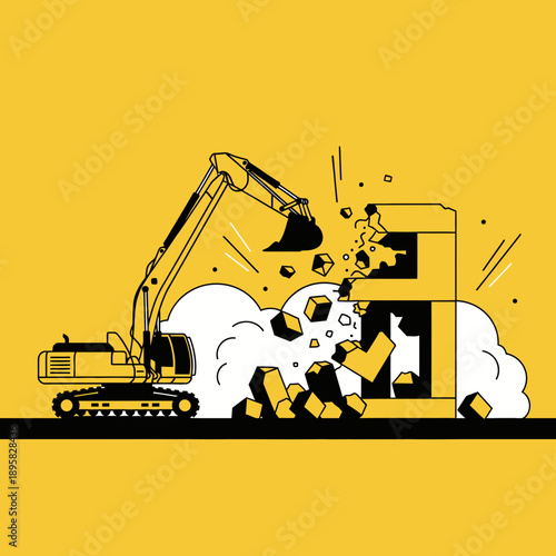 Excavator Demolishing Building Site With Dust And Debris Flying