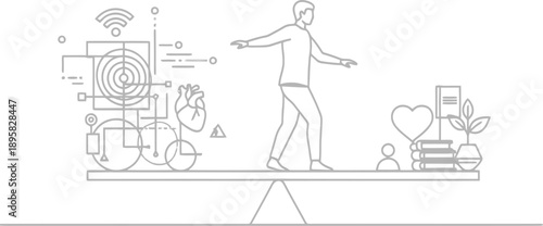 Man balancing technology and personal life on a scale
