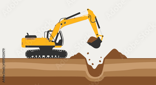 Excavator Digging Deep Earth Layers And Excavating Soil In Construction Project