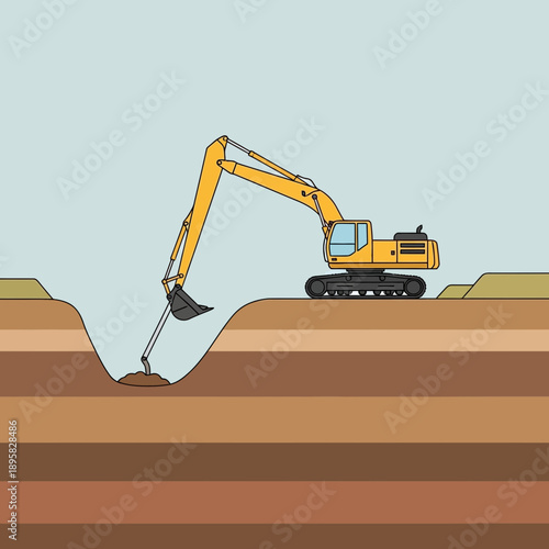 Excavator Digging Deep In Layered Earth Construction Site