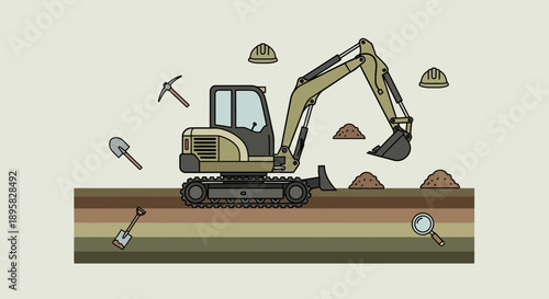 Excavator Digging Construction Site With Tools And Soil Layers