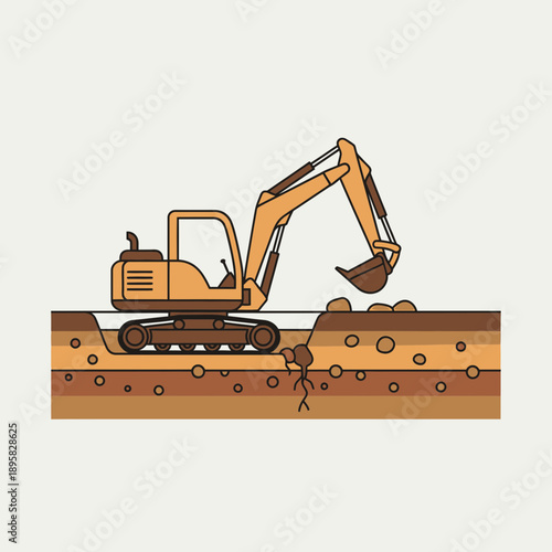 Excavator Digging Earth Ground Construction Site Illustration