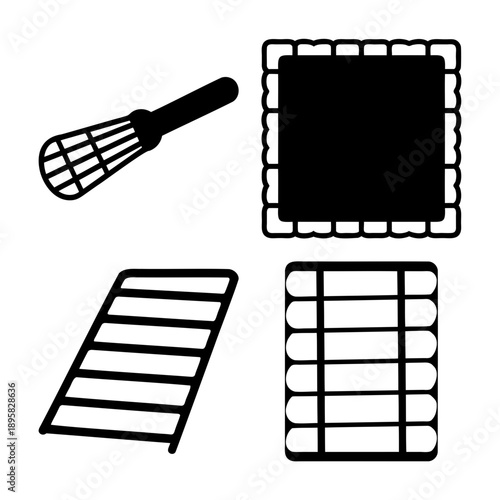 Collection of kitchen and home essential icons featuring a whisk, decorative square, and various racks