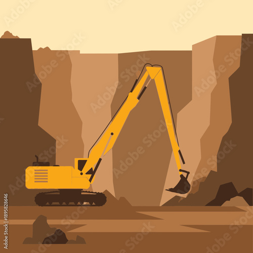 Excavator Digging Earth In Open Pit Mine Mining Industry Construction Site