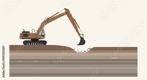 Excavator Digging Earth Layers Construction Project