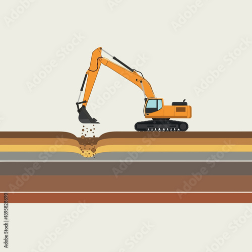 Excavator Digging Earth Layers Industrial Construction Machine