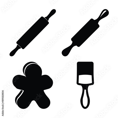 Essential baking tools: rolling pins, gingerbread man cutter, and pastry brush illustration
