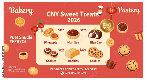 Chinese new year sweet treats pastry bakery menu board with assorted desserts and prices