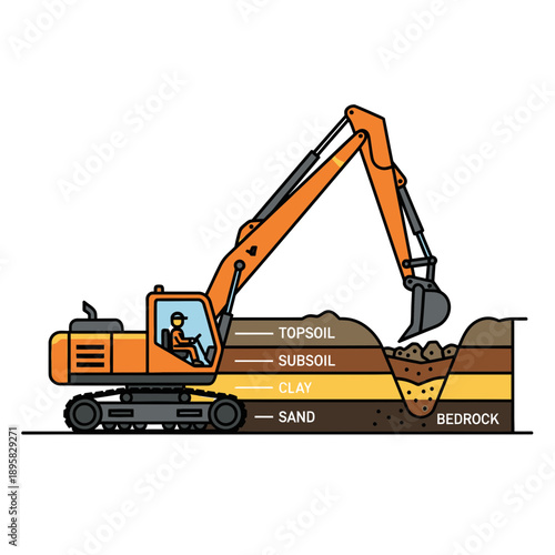 Excavator Digging Layered Soil Profile For Construction Industry
