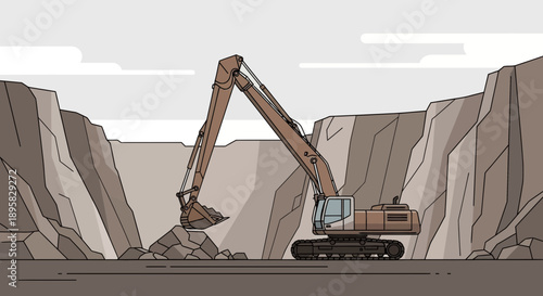 Excavator Digging Into Steep Rocky Quarry Face During Daytime