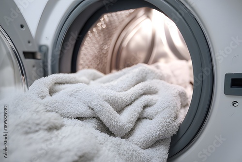 Close-up of open front-loading washing machine with stainless steel drum and white exterior design