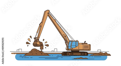 Excavator Digging Muddy Soil In Water Construction Site
