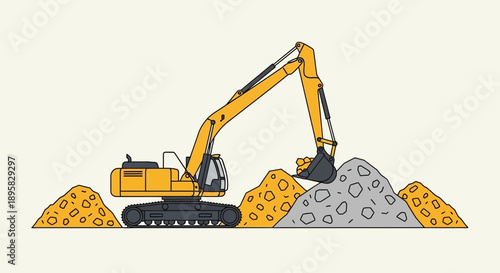 Excavator Digging Piles Of Dirt And Rocks For Construction Projects