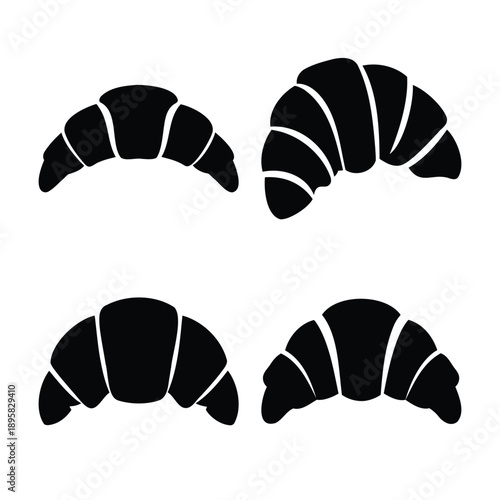 Minimalist black croissant icons set for breakfast menu or bakery design