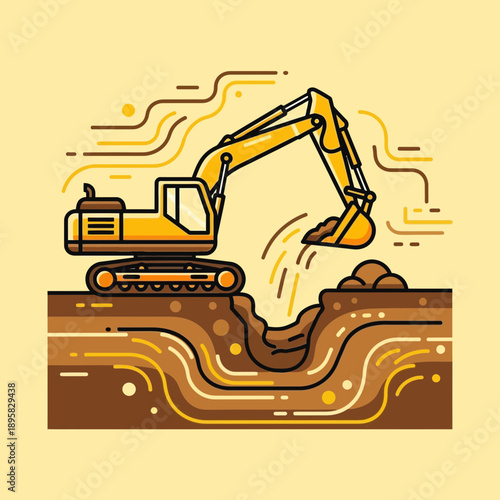 Excavator Digging Trench With Soil Pouring Construction Industry Heavy Machine Working