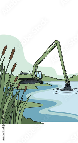 Excavator Dredging Lake Ecosystem Restoration Process Nature Landscape