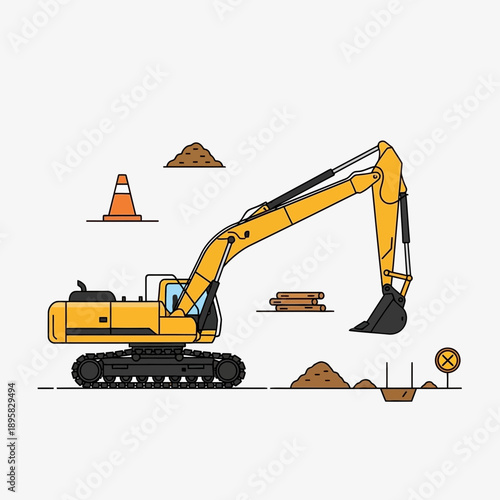 Excavator Machine Construction Site Industrial Equipment Heavy Machinery Yellow