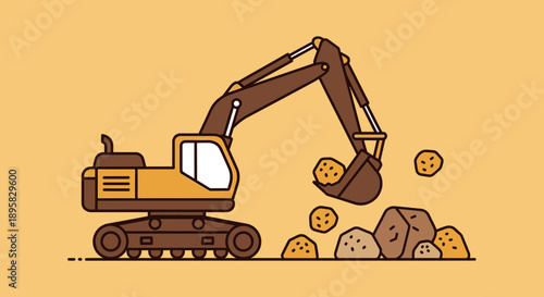 Excavator Machine Digging Ground With Rocks And Soil Illustration