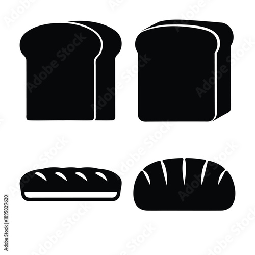 Variety of simple black silhouette icons showcasing different types of bread and bakery products