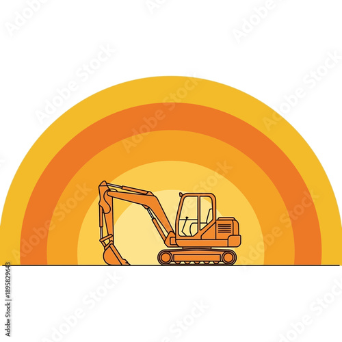 Excavator Machine Ready For Construction Project Work Under A Stylized Sunset Sky