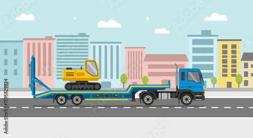 Excavator Transported By Flatbed Truck In Urban Environment