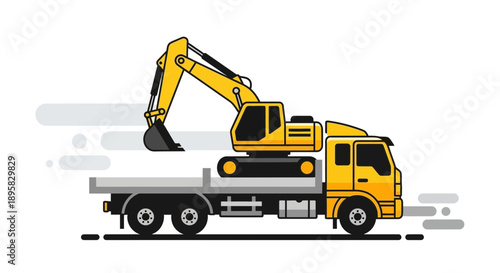 Excavator Transported On Flatbed Truck Construction Vehicle