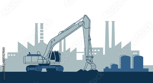 Excavator Working In Front Of Industrial Factory Silhouette Minimalist Design