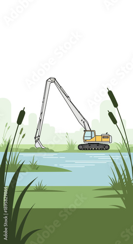 Excavator Working In Water With Cattails And Greenery Background