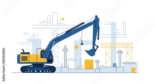 Excavator Working On Construction Site With Building Structures