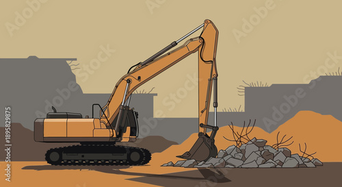 Excavator Working On Demolition Site And Breaking Rocks