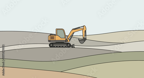 Excavator Working On Hilly Terrain In A Minimalist Style