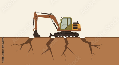 Excavator Working on Cracked Earth Construction Concept
