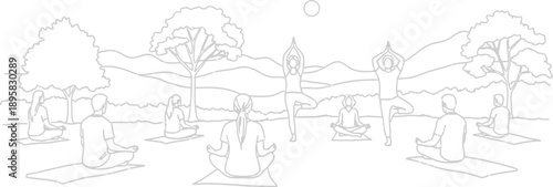 People practicing yoga in a serene outdoor setting