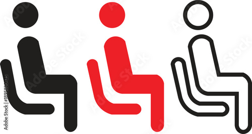 Three stylized icons of people sitting on chairs, in black, red, and outline white.